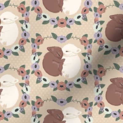 Sleepy Bunnies Floral Wreath Fabric - Woodland Nursery Decor - Warm Pebble