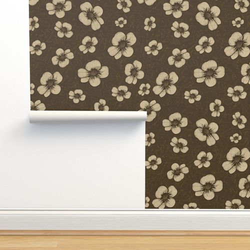 Rustic Floral Simple Black Line Art Flower Blossoms on Beige - Large Scale