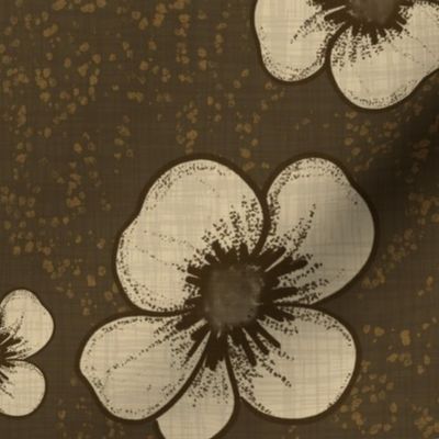 Rustic Floral Simple Black Line Art Flower Blossoms on Beige - Large Scale