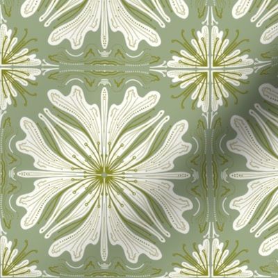 Large - White Flower 6 Inch Faux Tiles - Milk - Olive Green On Laurel Green