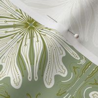 Large - White Flower 6 Inch Faux Tiles - Milk - Olive Green On Laurel Green