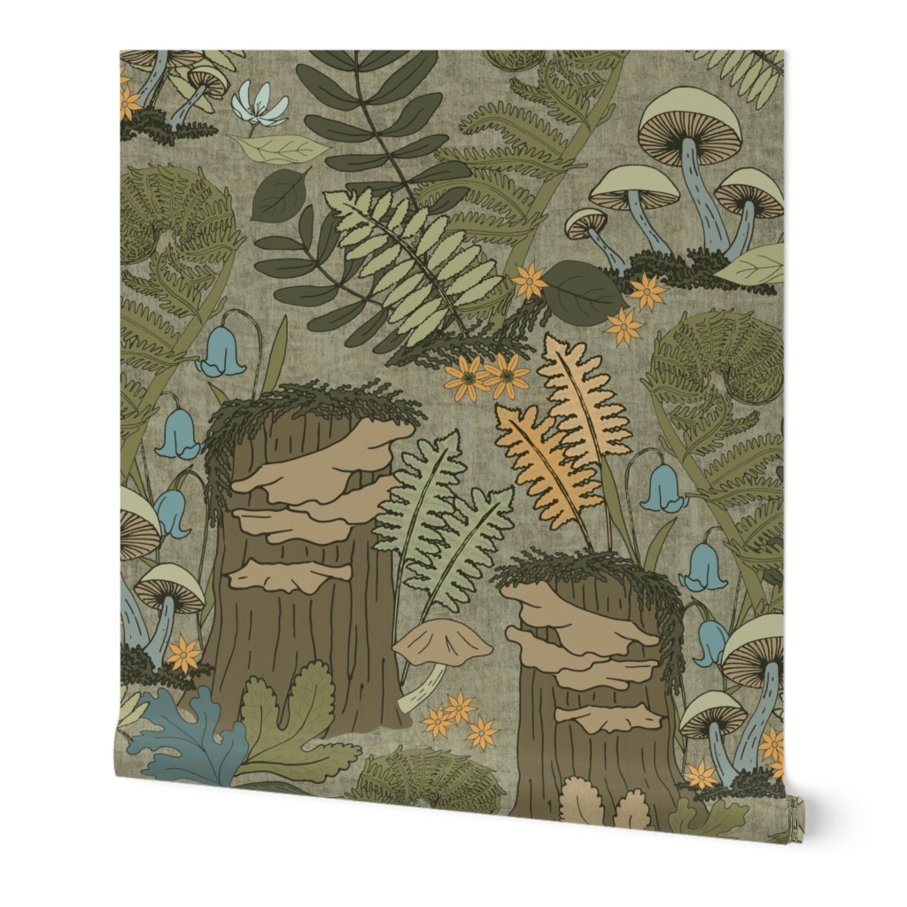 (L) Enchanted Forest Floor Mushrooms & Ferns in Earthy Green & Khaki Brown