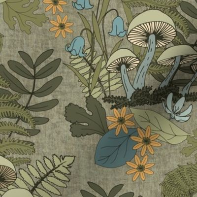 (L) Enchanted Forest Floor Mushrooms & Ferns in Earthy Green & Khaki Brown