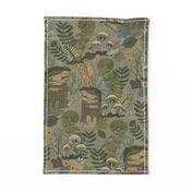 (L) Enchanted Forest Floor Mushrooms & Ferns in Earthy Green & Khaki Brown