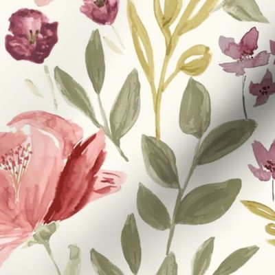 Trailing Poppy water color floral in mauve plum and green wallpaper scale