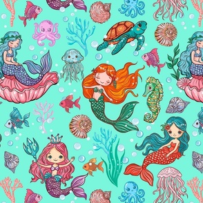 Cute Little Mermaids Children's Seamless Pattern