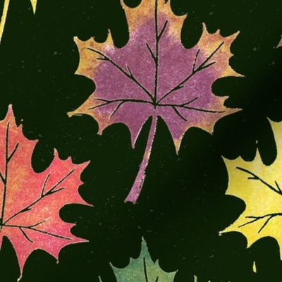 Handmade Maple Leaves Real Block Print Fall Colors - dark forest green