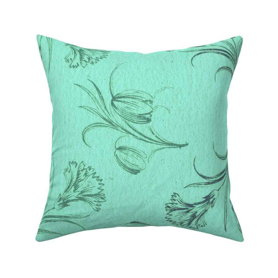 Carnation Lily Woodcut Toile Floral - Large - Vivid Robin's Egg Blue Green