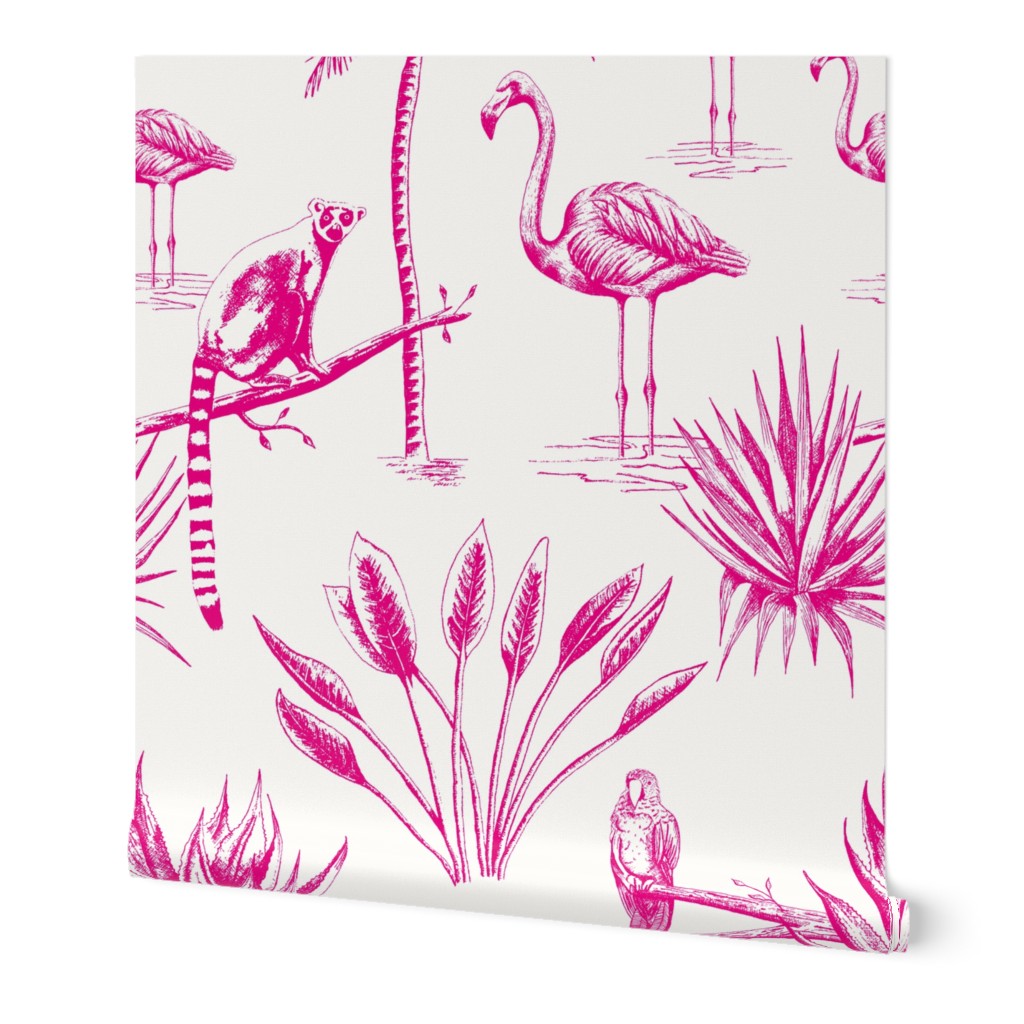 L - Jungle Toile animals and tropical plants hand-drawn hot pink on white