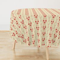 Red Green Poppy Seed Head and Poppy Leaf Stripes on Cream