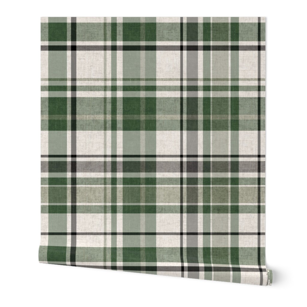 (Large) Plaid with Worn Texture - Green Gray Beige Fall & Holiday