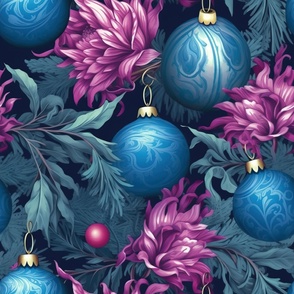 Christmas Elegance Blue Ornaments and Purple Flowers