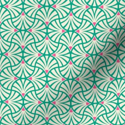 Tiny textured abstract beige and bright pink scallop florals spring green