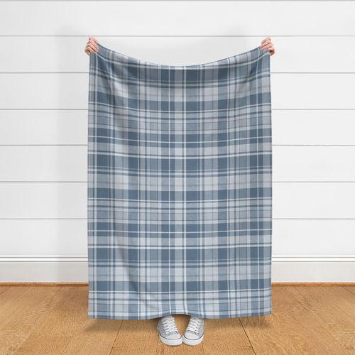 (Large) Plaid with Worn Texture - Coastal Blue & White