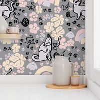 Cats Pastel Rainbow Floral Gray Exlg