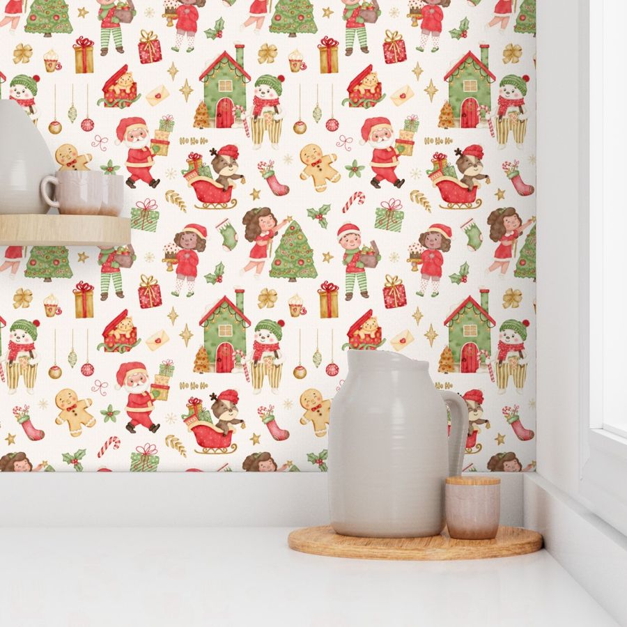 Santa Claus and his helpers pattern with off-white background