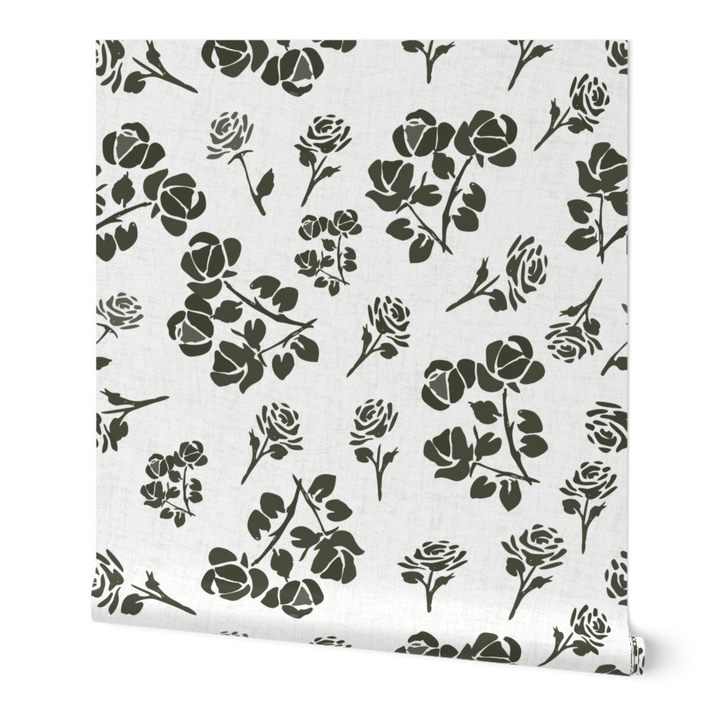 Olive Drab Colored Freehand Monochrome Roses on Distressed White - Jumbo