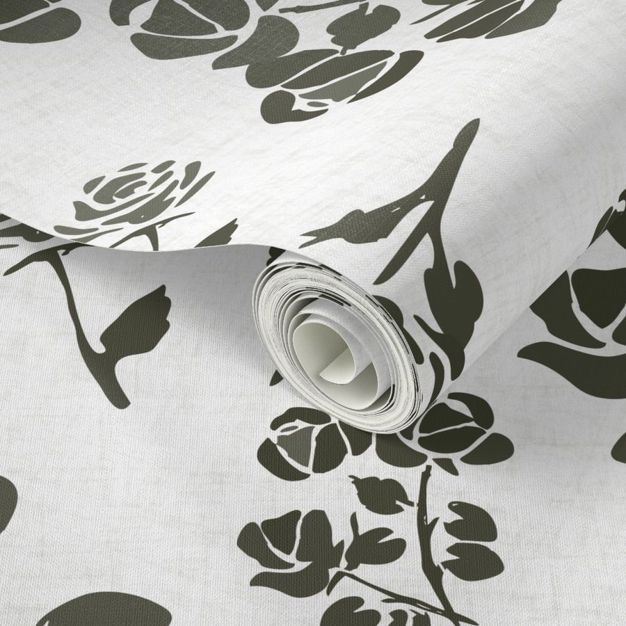 Olive Drab Colored Freehand Monochrome Roses on Distressed White - Jumbo