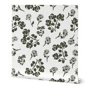 Olive Drab Colored Freehand Monochrome Roses on Distressed White - Jumbo