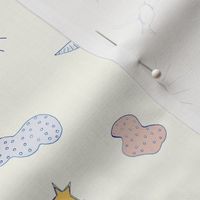 Puffy Cartoon Clouds Suns And Birds On Off-White Design - Hand drawn