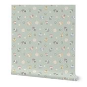 S Retro Neutral Pastels Dancing Baby Mushrooms Flowers Hearts - sage green