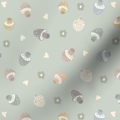 S Retro Neutral Pastels Dancing Baby Mushrooms Flowers Hearts - sage green