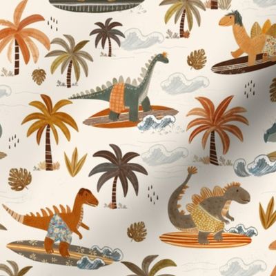 Surfing Dinosaurs With Waves Earth Tones Medium