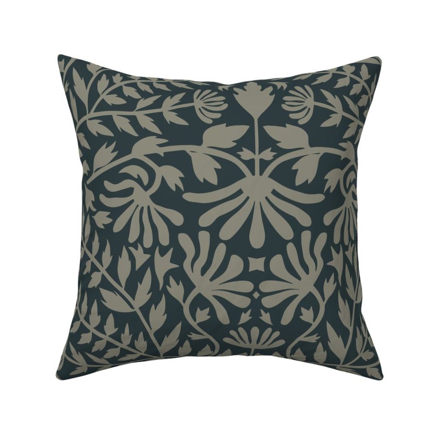 L Victorian Gothic Farmhouse Naturalist Daisy Ogee Damask Muted Olive Black