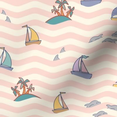 Sailing Boat Yacht Regatta Coastal Wavy Sea Stripe Pale Peach on Cream