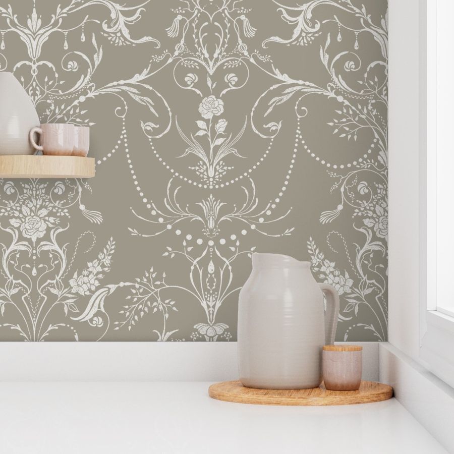 Khaki and Ecru white- Baroque Inspired Ornate Botanical Filigree Wallpaper