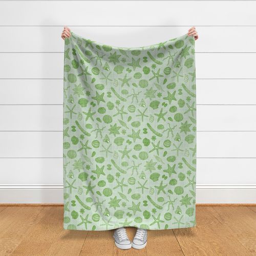 Starfish seastars & sea shells - Dark Sage on Lime Green linen texture - XL