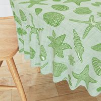 Starfish seastars & sea shells - Dark Sage on Lime Green linen texture - XL