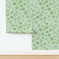 Starfish seastars & sea shells - Dark Sage on Lime Green linen texture - XL