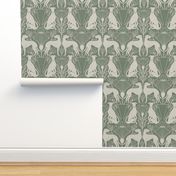 ART DECO GREYHOUND DOGS & GEOMETRIC POPPY FLORAL Rosepine Green