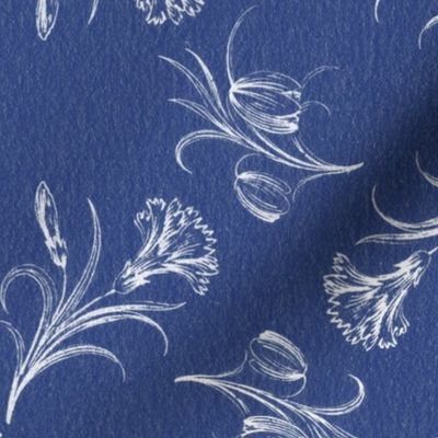 Carnation Lily Woodcut Toile Reversed- Medium - White On Navy Blue Floral