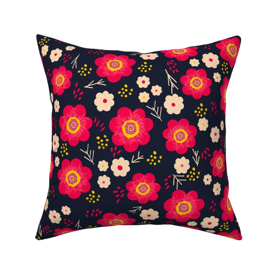 Bold graphic Scandi inspired folk florals red and cream flowers on dark