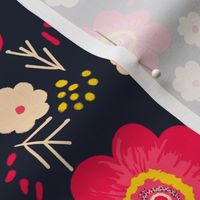 Bold graphic Scandi inspired folk florals red and cream flowers on dark