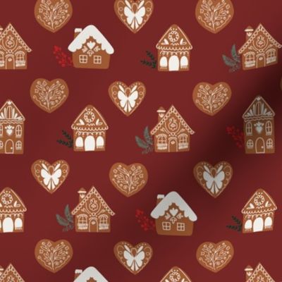 Ditsy Christmas Ginger Cookies Brown Red white green sweet golden houses