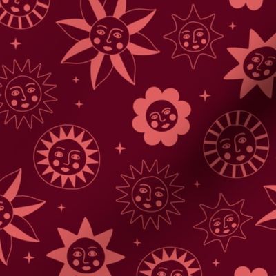 Sunny day sunshine and moon phase modernist kawaii kids coral burgundy red