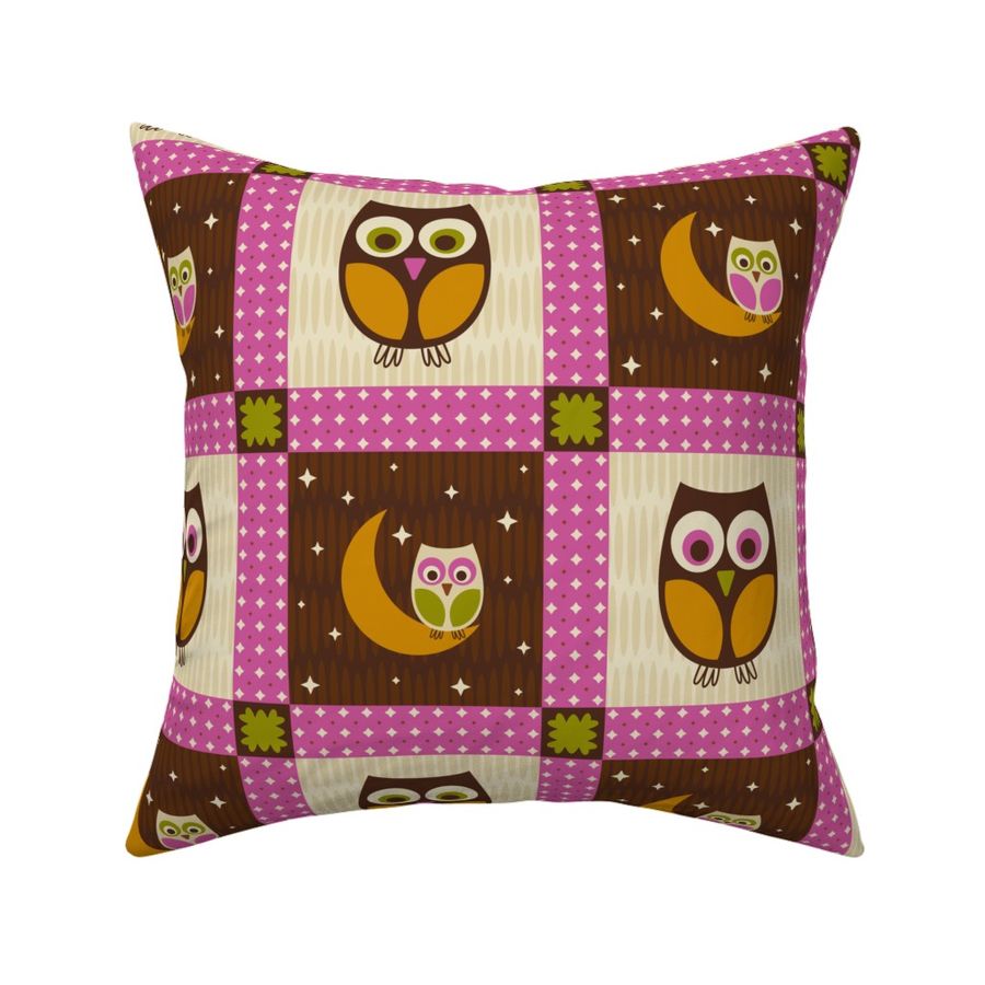 HOOTIFUL DREAMS PATCHWORK (large) - Woodland Owls & Moons in Nighttime Sky