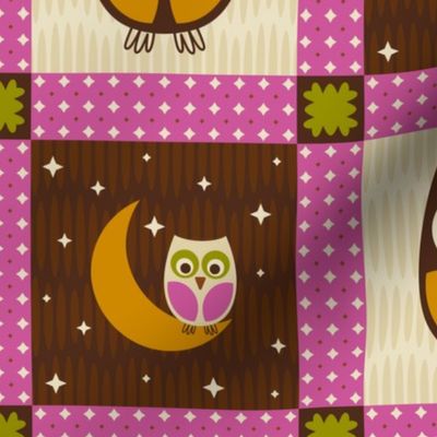 HOOTIFUL DREAMS PATCHWORK (large) - Woodland Owls & Moons in Nighttime Sky