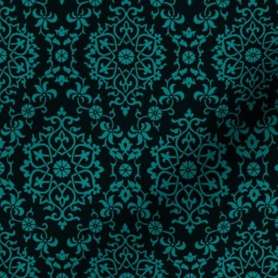 1100s Vintage Medieval Spanish Damask in Teal on Black - Coordinate