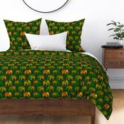 Cute green and orange Elephants on green with dots and stripes - Medium