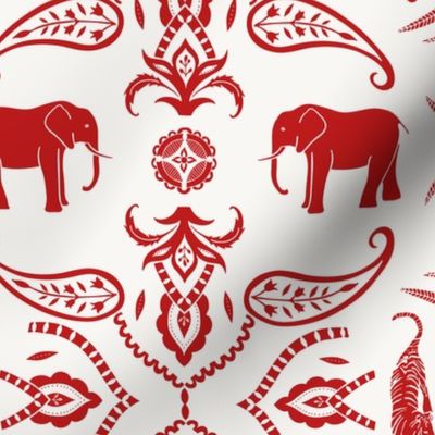 M - Jungle damask elephants tigers and ornaments white red two-tone