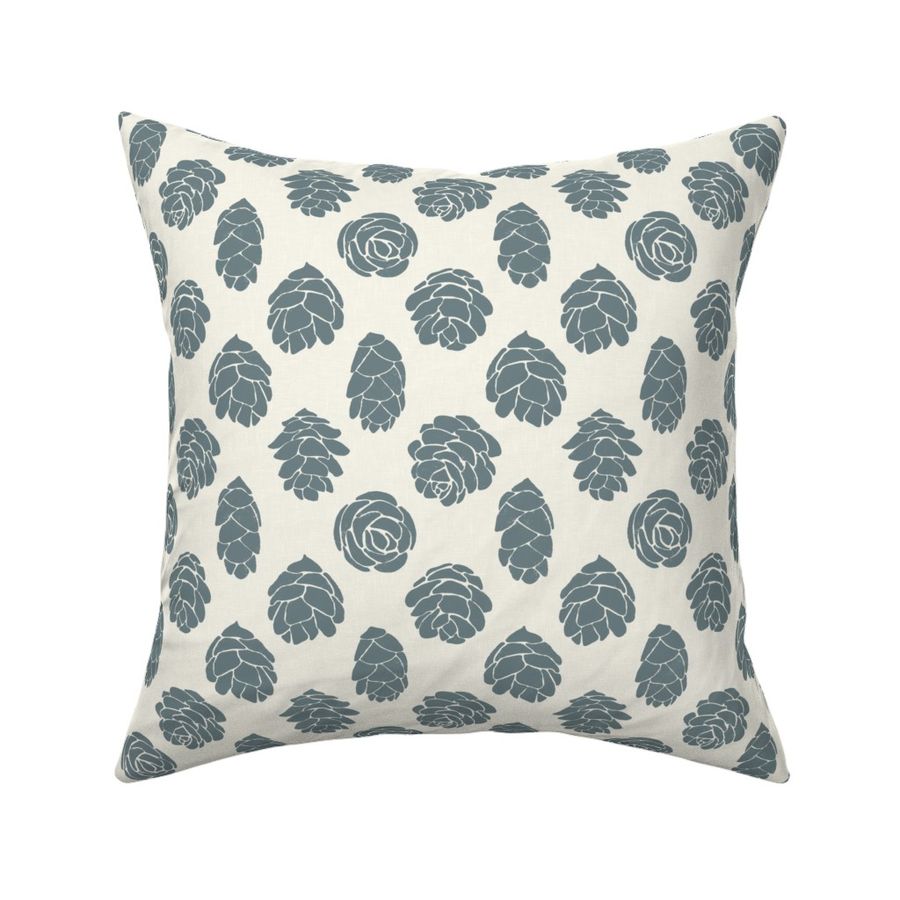 Hemlock Cones Hand Drawn Distressed Teal on Cream Linen Look