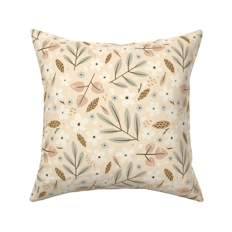 White flowers and sage leaves - Medium - Sage- Artichoke - Cream - Sepia