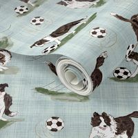 (L) Cute Border Collie Dog Playing Soccer Blue Plaid for Print Kids Room