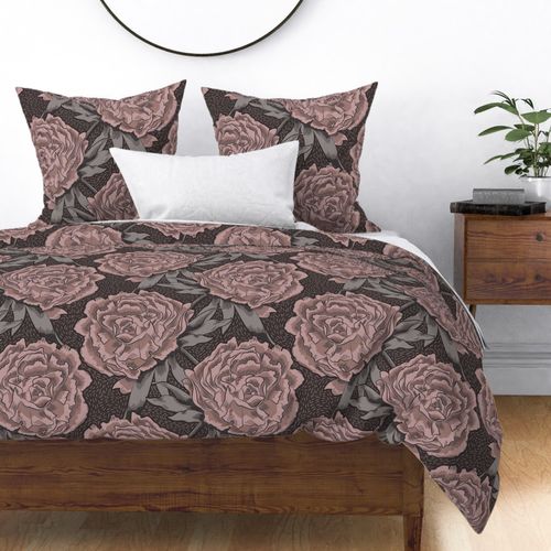 Giant Peonies Hand Drawn Vintage Vibes Dark Rose Pink on Chocolate Brown