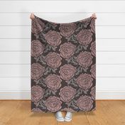 Giant Peonies Hand Drawn Vintage Vibes Dark Rose Pink on Chocolate Brown