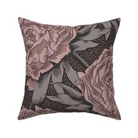 Giant Peonies Hand Drawn Vintage Vibes Dark Rose Pink on Chocolate Brown